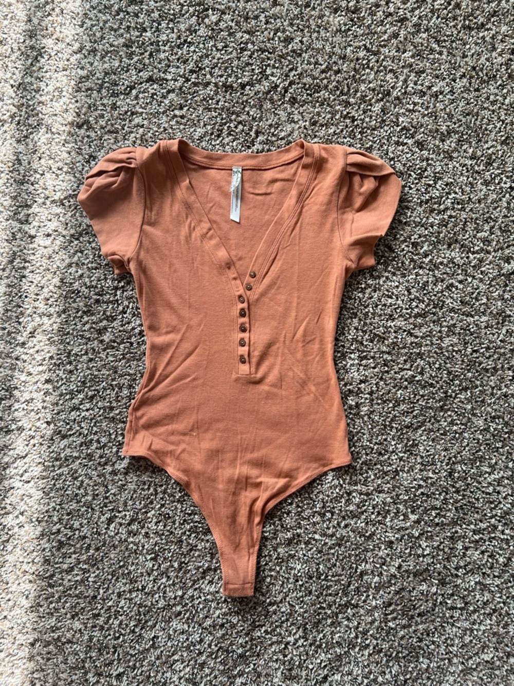 Free People Rust Orange V-Neck Puff Sleeve Ribbed Bodysuit